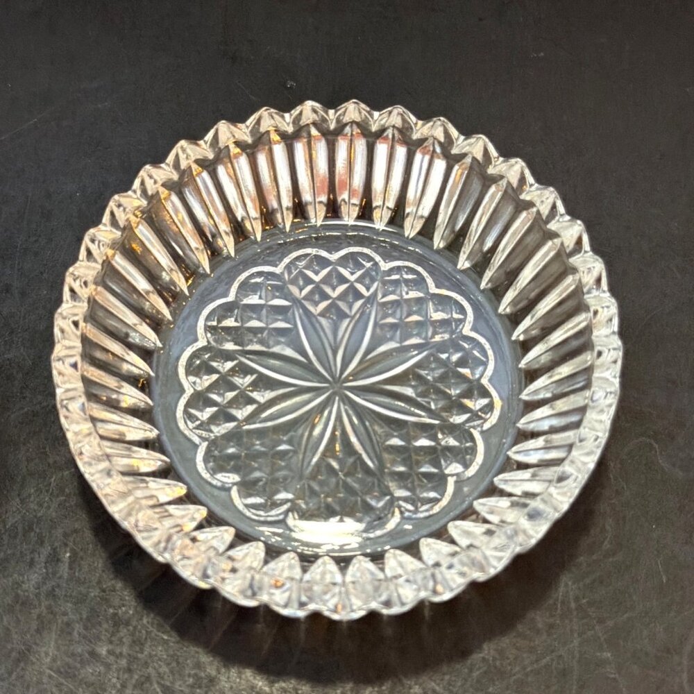Vintage Clear Glass Trinket Dish Coaster Pair Sawtooth Rim Starburst MCM Set 2